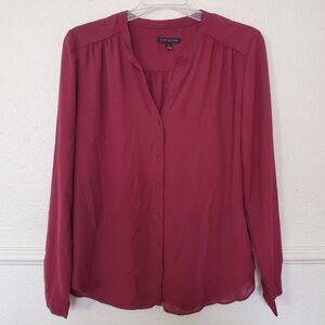 Audrey‎ & Celine Blouse Button Up V Neck Womens Small Maroon Sheer Long Sleeve